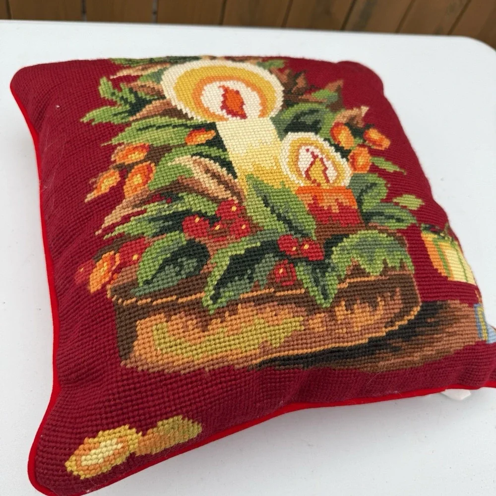 VTG Needlepoint Christmas Candle Pillow Velvet Back 12